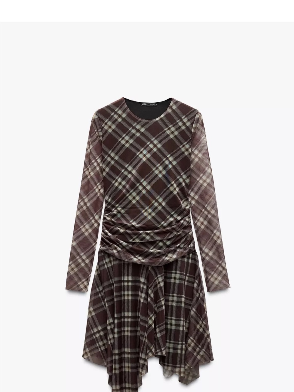 Zara Plaid Long-Sleeve Ruched Waist Dress - Brown & Cream